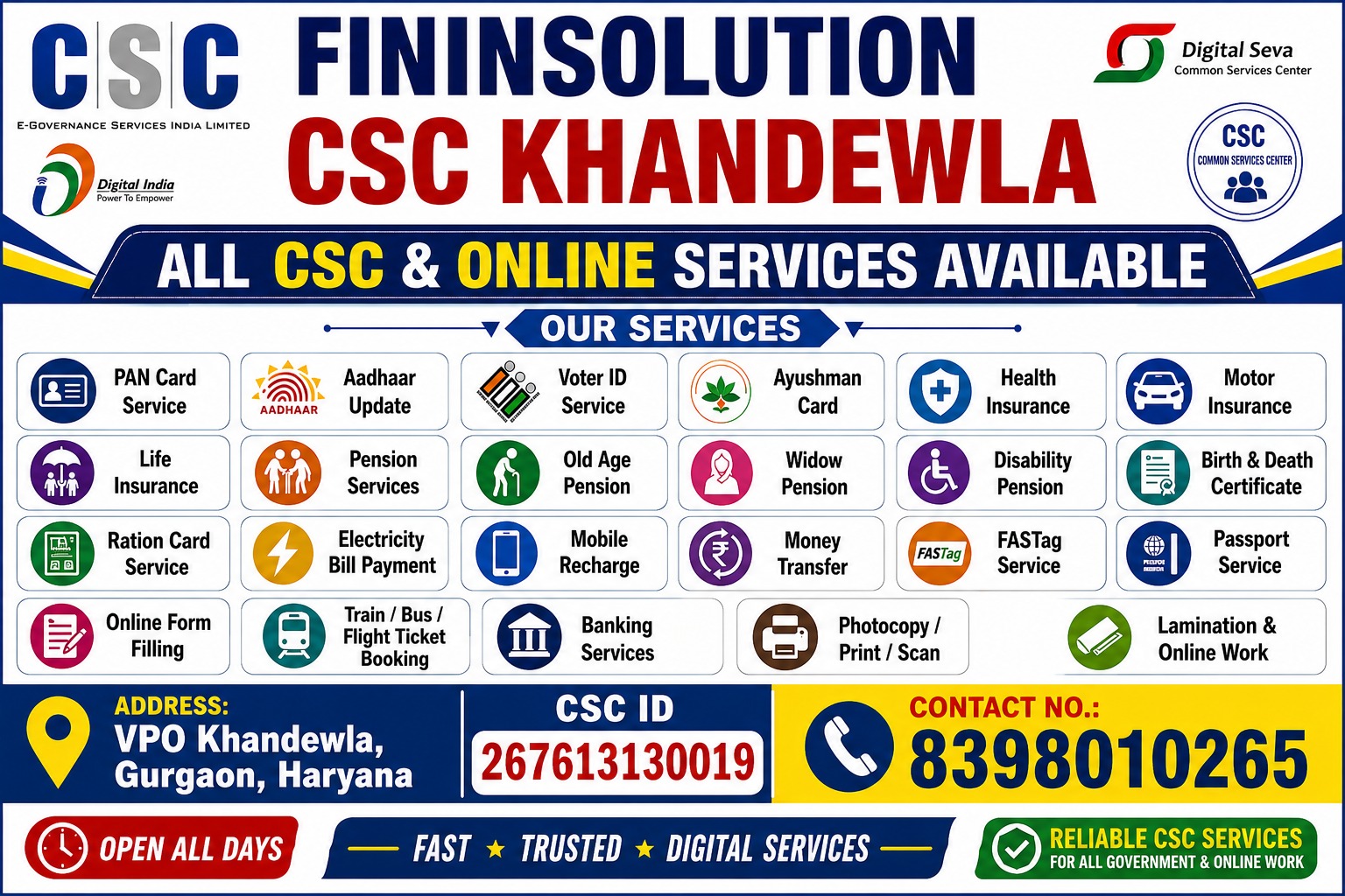 Fininsolution CSC Khandewla services banner — PAN, Aadhaar, voter ID, Ayushman, insurance, pension, bill payment, FASTag, passport, ticket booking and banking services